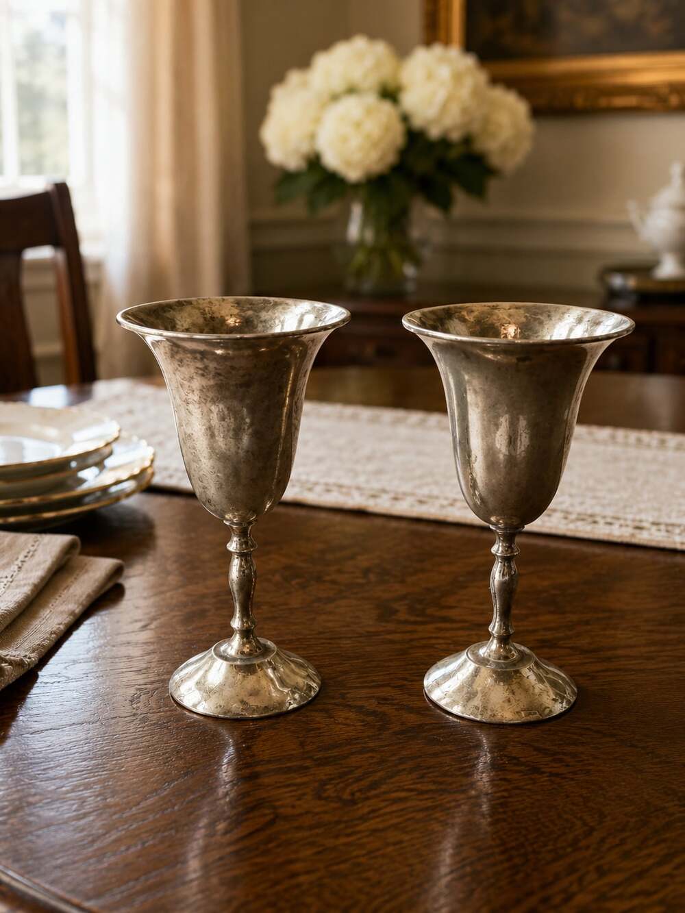 Vintage Silver-Plated Cordial Wine Goblets, Set of 2
